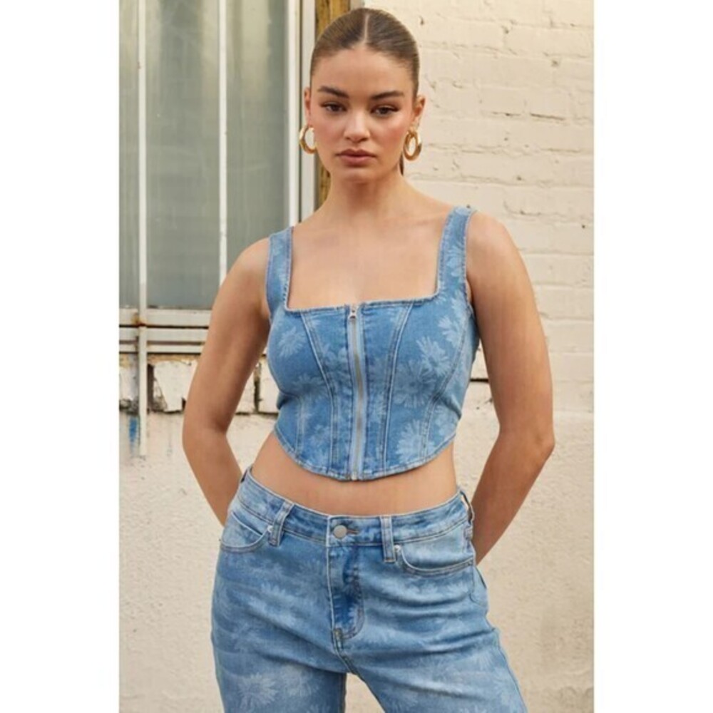 Floral Jacquard Pattern Light Blue Wash Denim Corset Top‎ Size XL RefM101